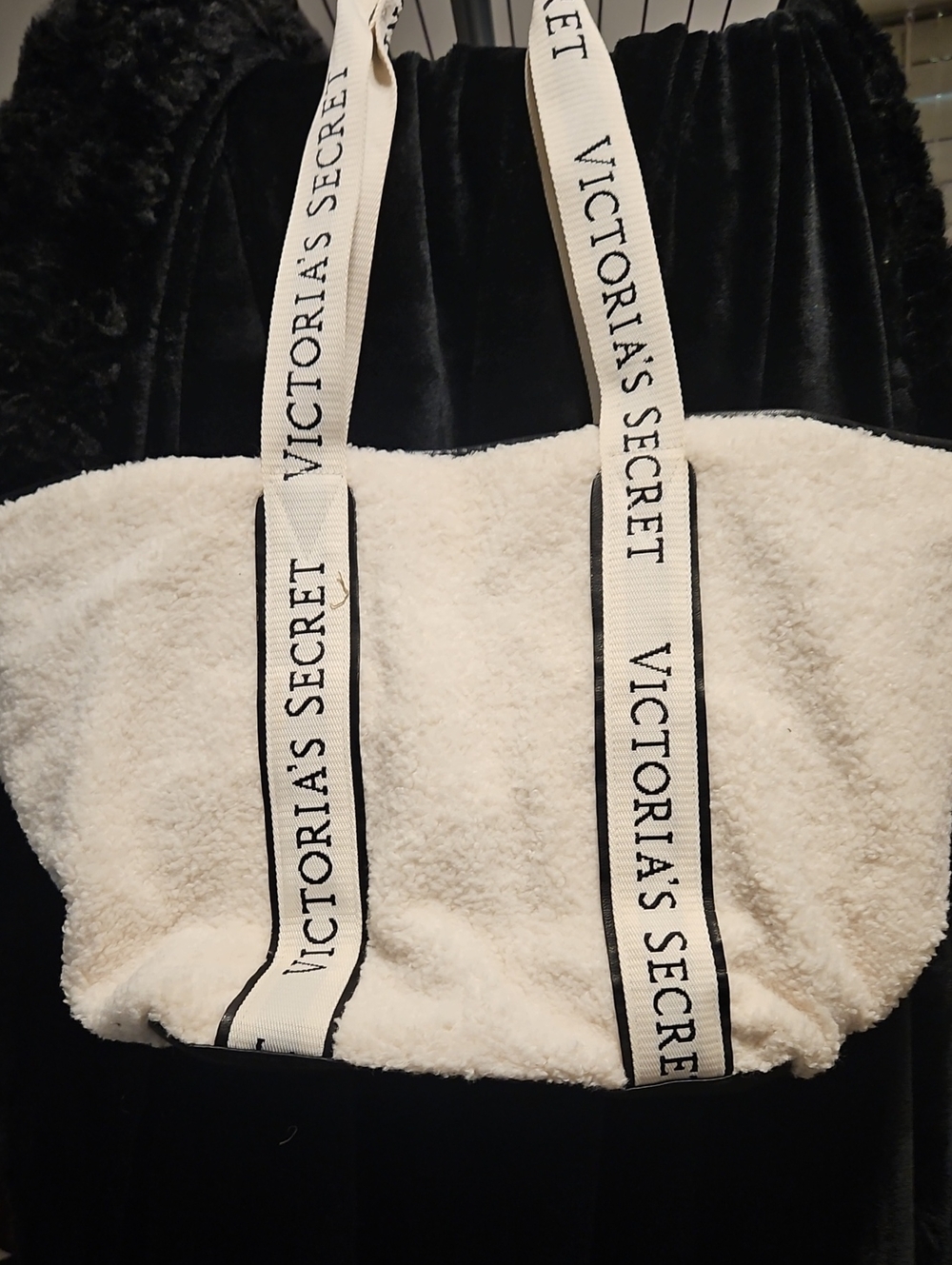 Victoria's Secret White Sherpa Tote with Branded Webbing Straps